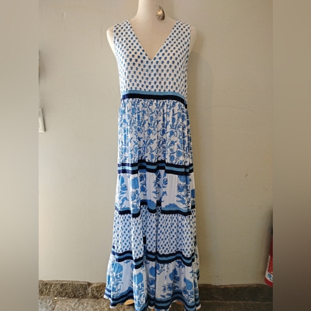 Chelsea Theodore Maxi Blue White Floral Tiered Dress Greek Beach Boho M Elegant